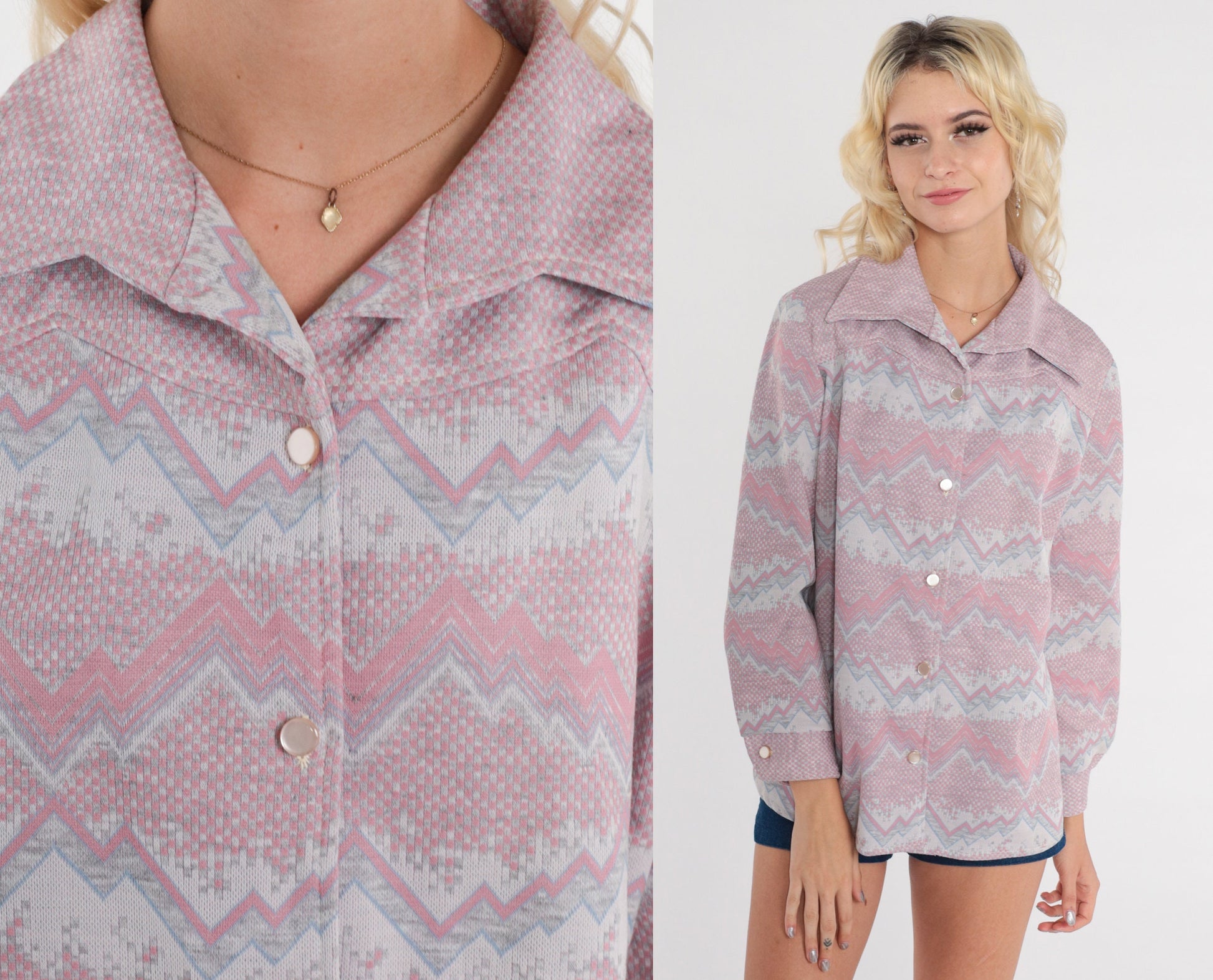 70s Zig Zag Striped Button-Up Shirt Pink Grey Dagger Collar Long Sleeve Large