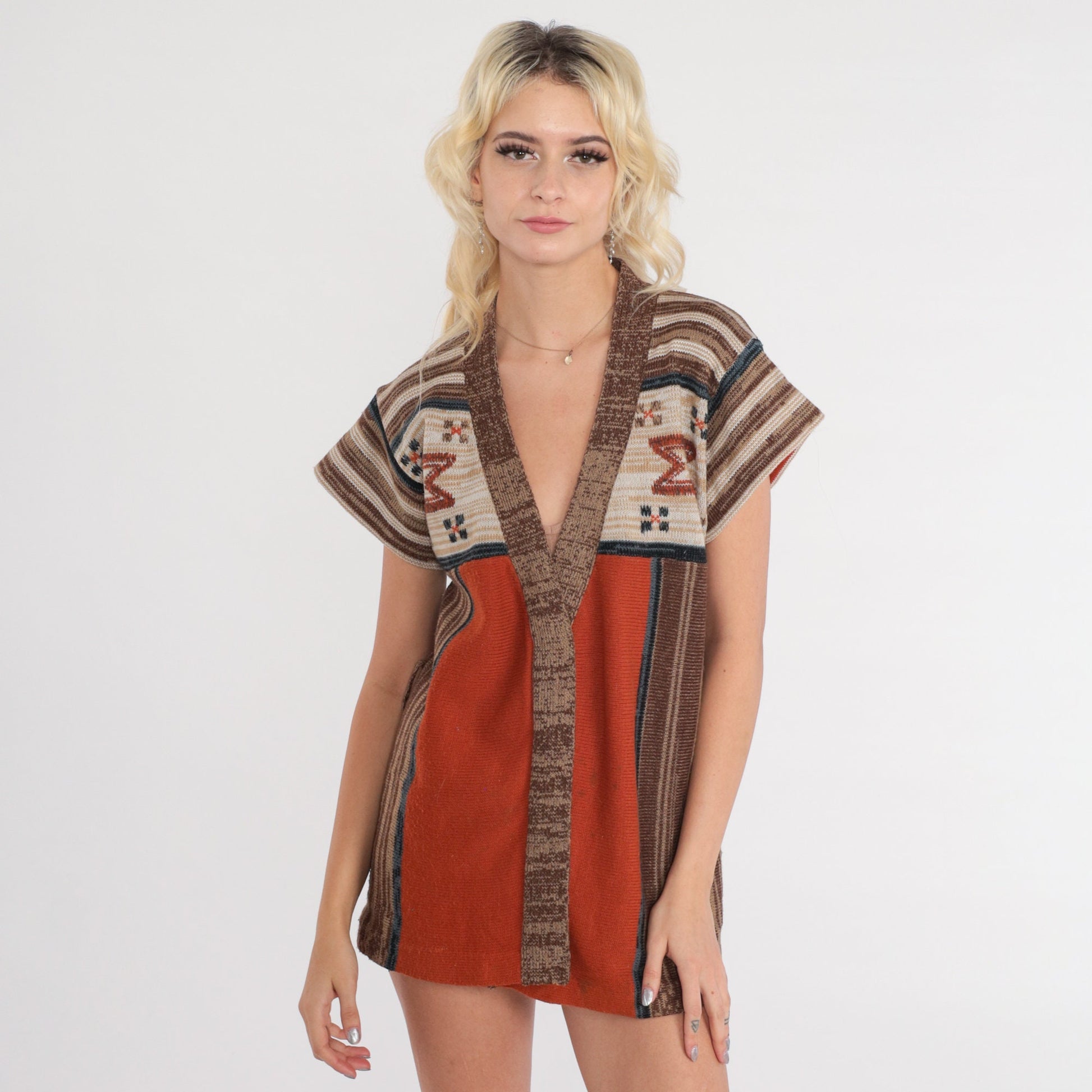 70s Rust Orange Space Dye Cardigan Southwestern Striped Knit Small