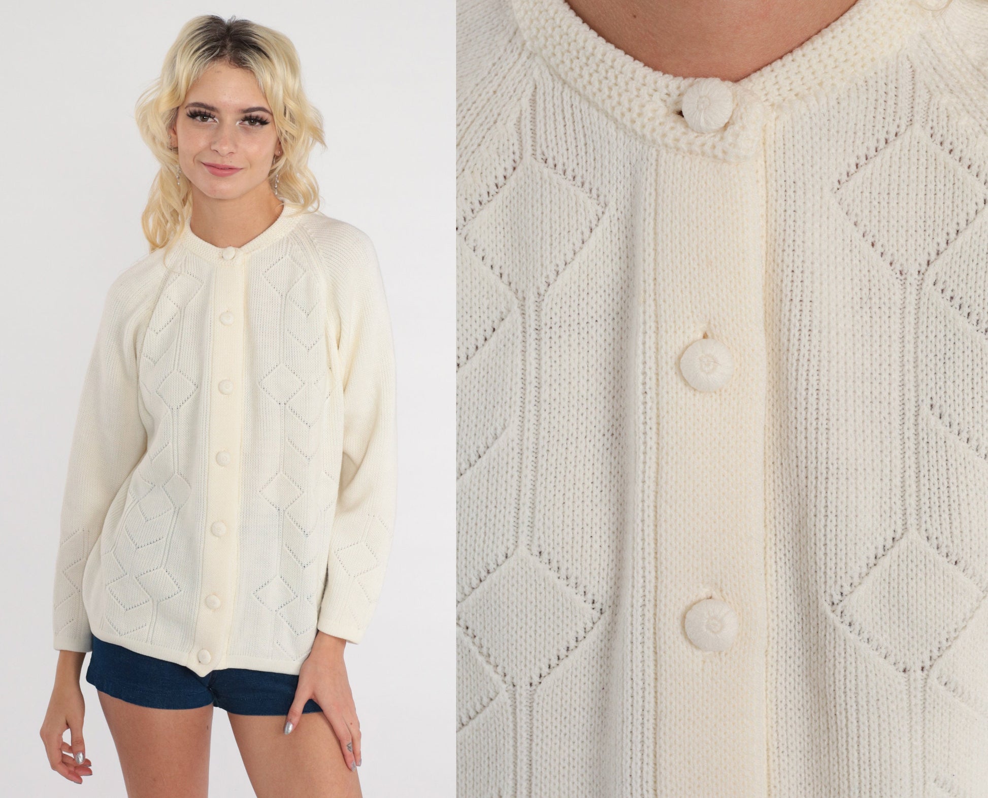 60s White Pointelle Cardigan Raglan Geometric Cutout Knit Small