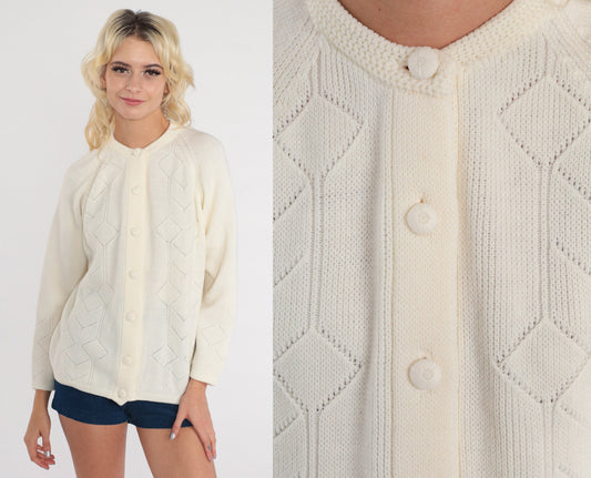 60s White Pointelle Cardigan Raglan Geometric Cutout Knit Small