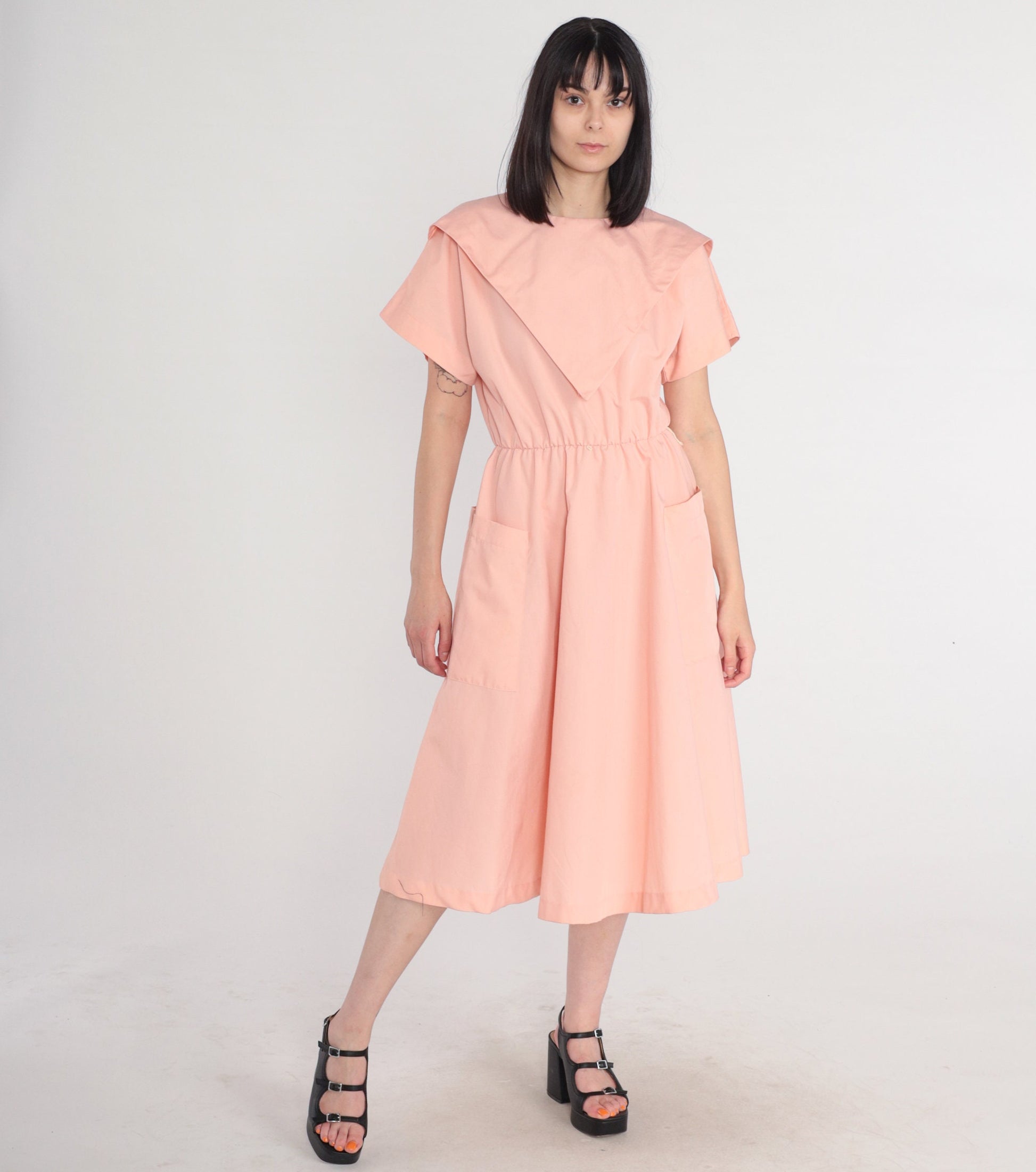 80s Pink Midi Dress High Waist Short Sleeve Pockets Medium M