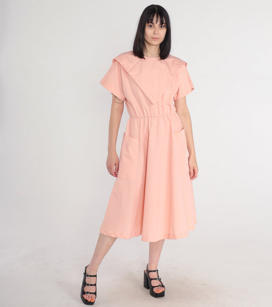 80s Pink Midi Dress High Waist Short Sleeve Pockets Medium M