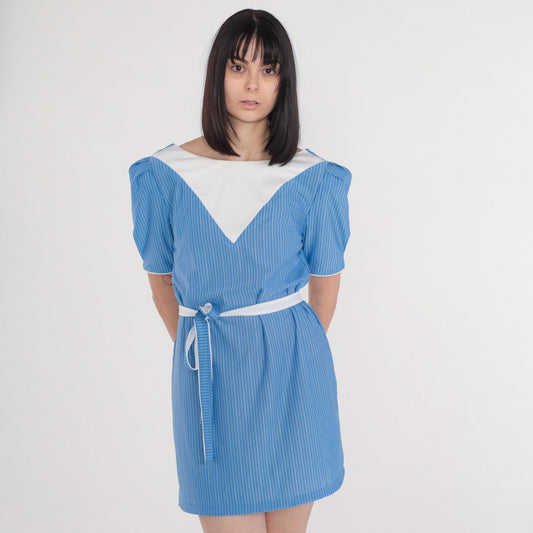 80s Blue Striped Mini Dress Puff Sleeve White Bib Tie Belt Medium