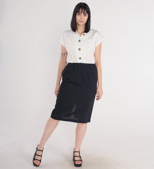 80s Justin Thyme Button-Up Midi Dress Black White Cap Sleeve Medium