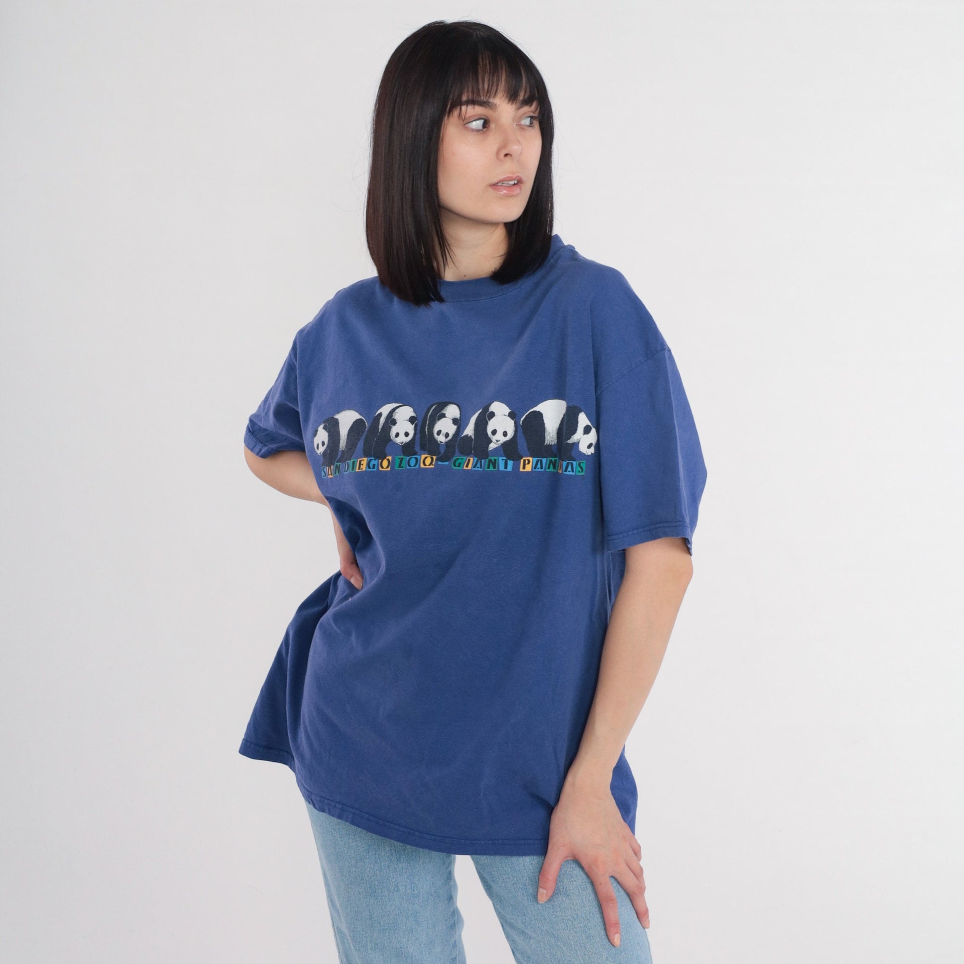90s San Diego Zoo Giant Panda Graphic T-Shirt Blue Front Back Print Extra Large