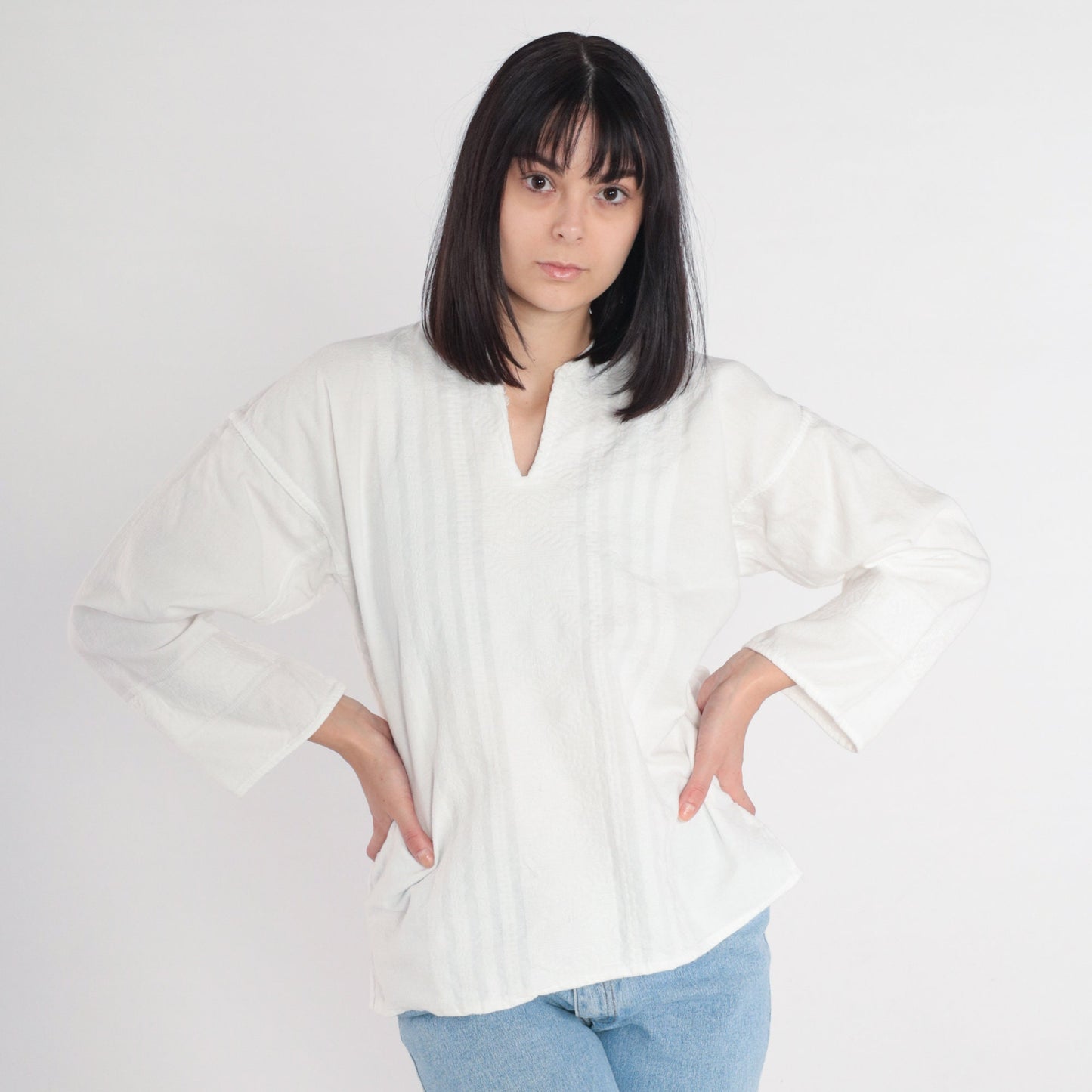 90s White Cotton Woven Blouse Long Sleeve V-Neck Medium M