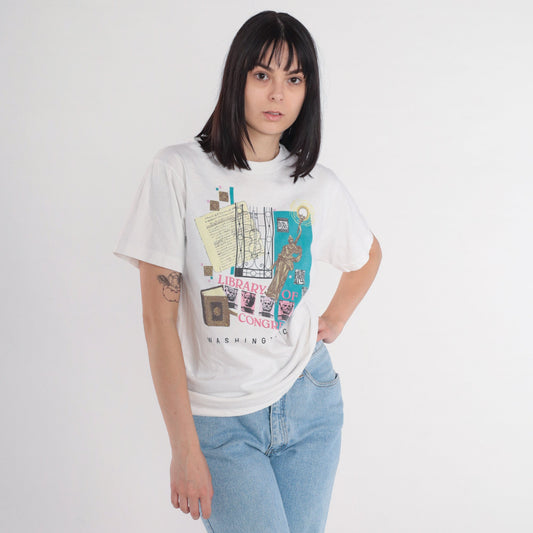90s Library of Congress Washington DC Graphic Tee White Cotton Medium M
