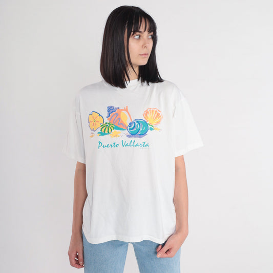 90s Puerto Vallarta Seashell Graphic T-Shirt White Single Stitch Extra Large