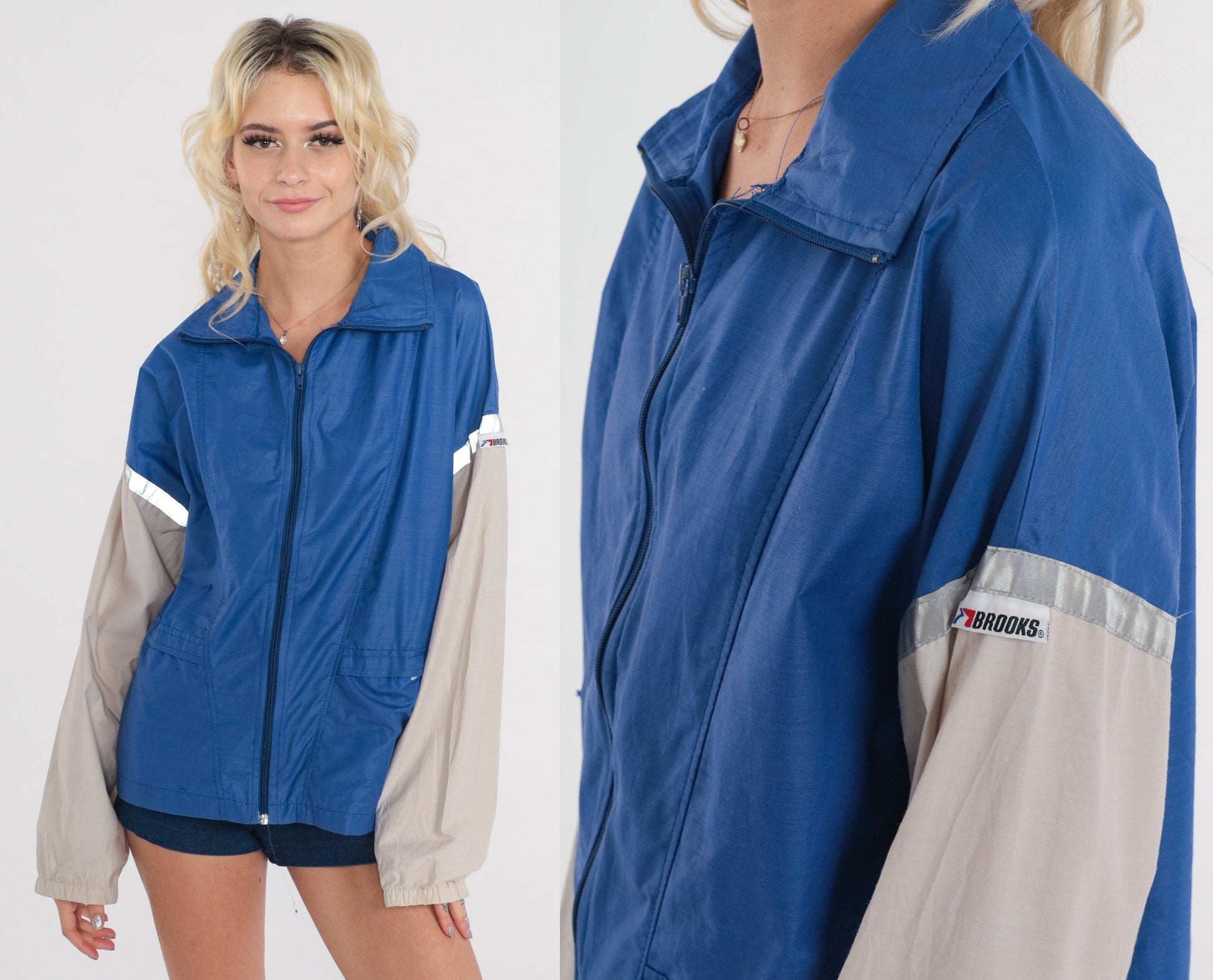 80s Brooks Color Block Windbreaker Blue Grey Reflective Jacket Large L