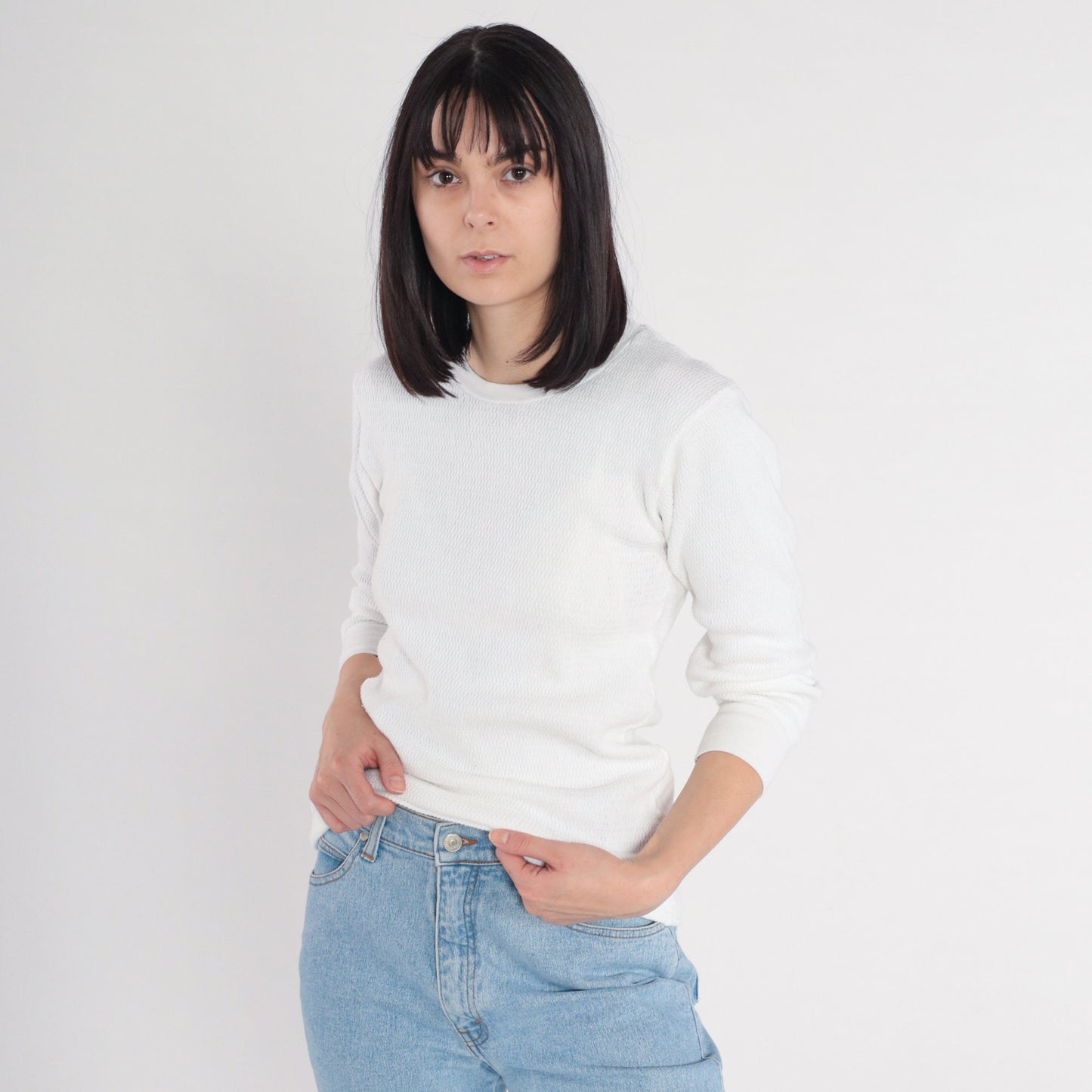 80s Munsingwear White Thermal Waffle Knit Long Sleeve Tee Small