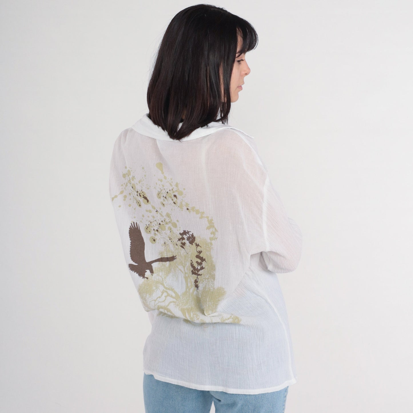 Y2K Bird Tree Print Blouse White Cotton Long Sleeve Collared V Neck Large L