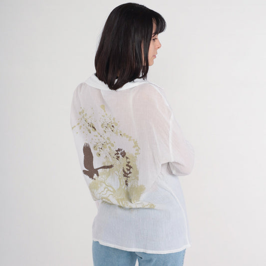 Y2K Bird Tree Print Blouse White Cotton Long Sleeve Collared V Neck Large L