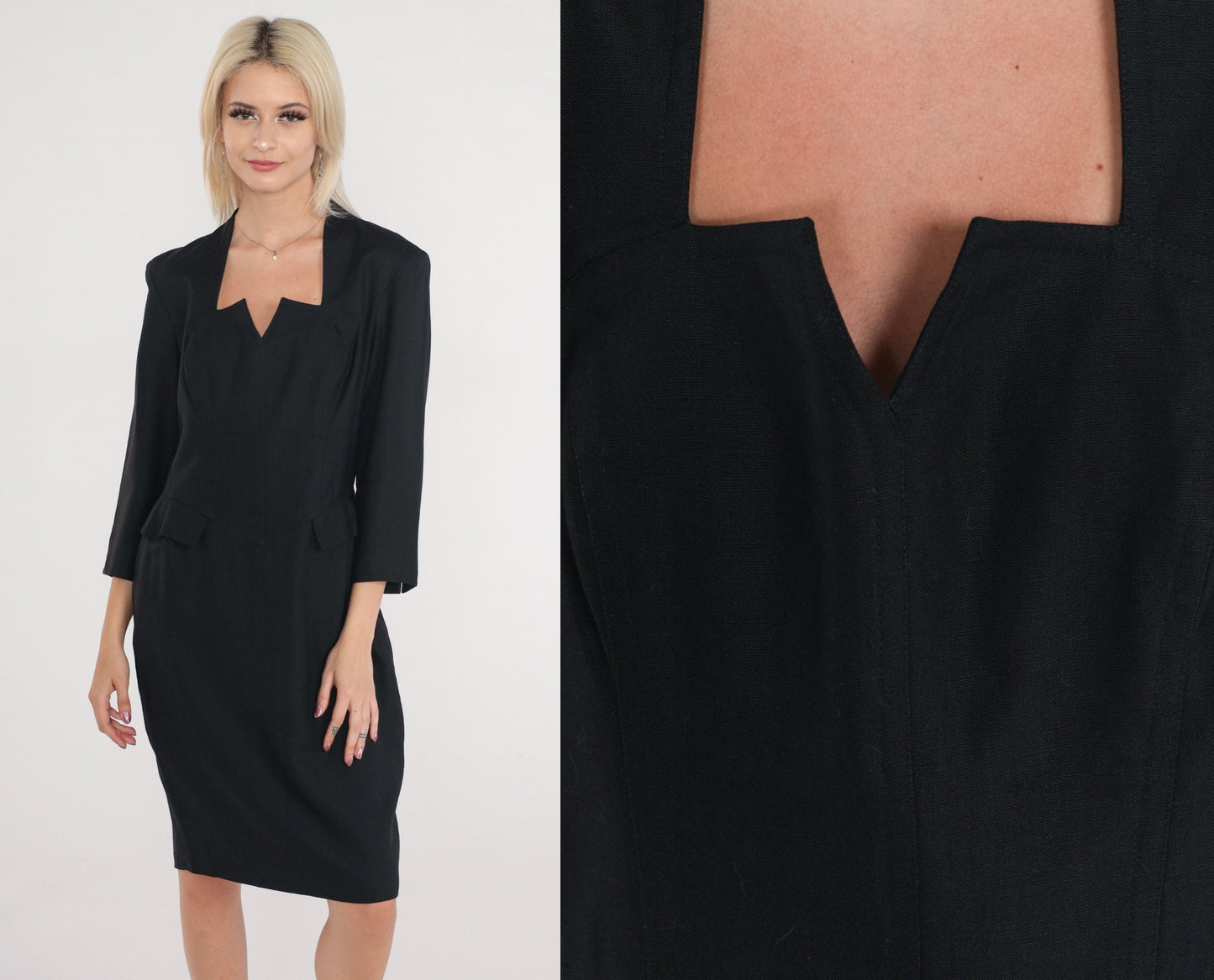 90s Black Sheath Dress Long Sleeve High Waist Knee Length Medium