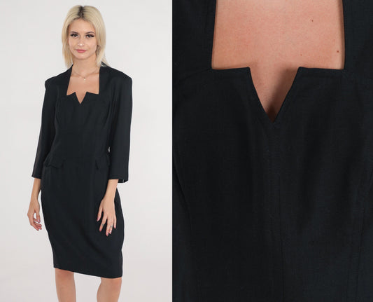 90s Black Sheath Dress Long Sleeve High Waist Knee Length Medium