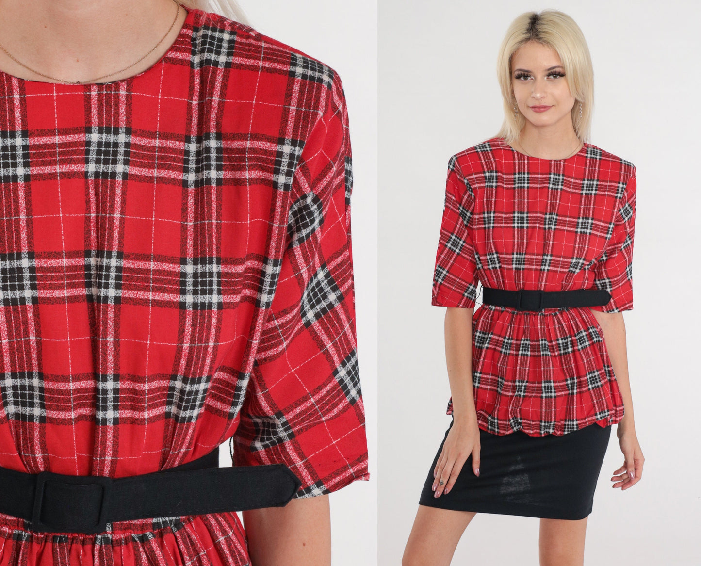 80s Bee Darlin Red Plaid Peplum Midi Dress Black Pencil Skirt Extra Small