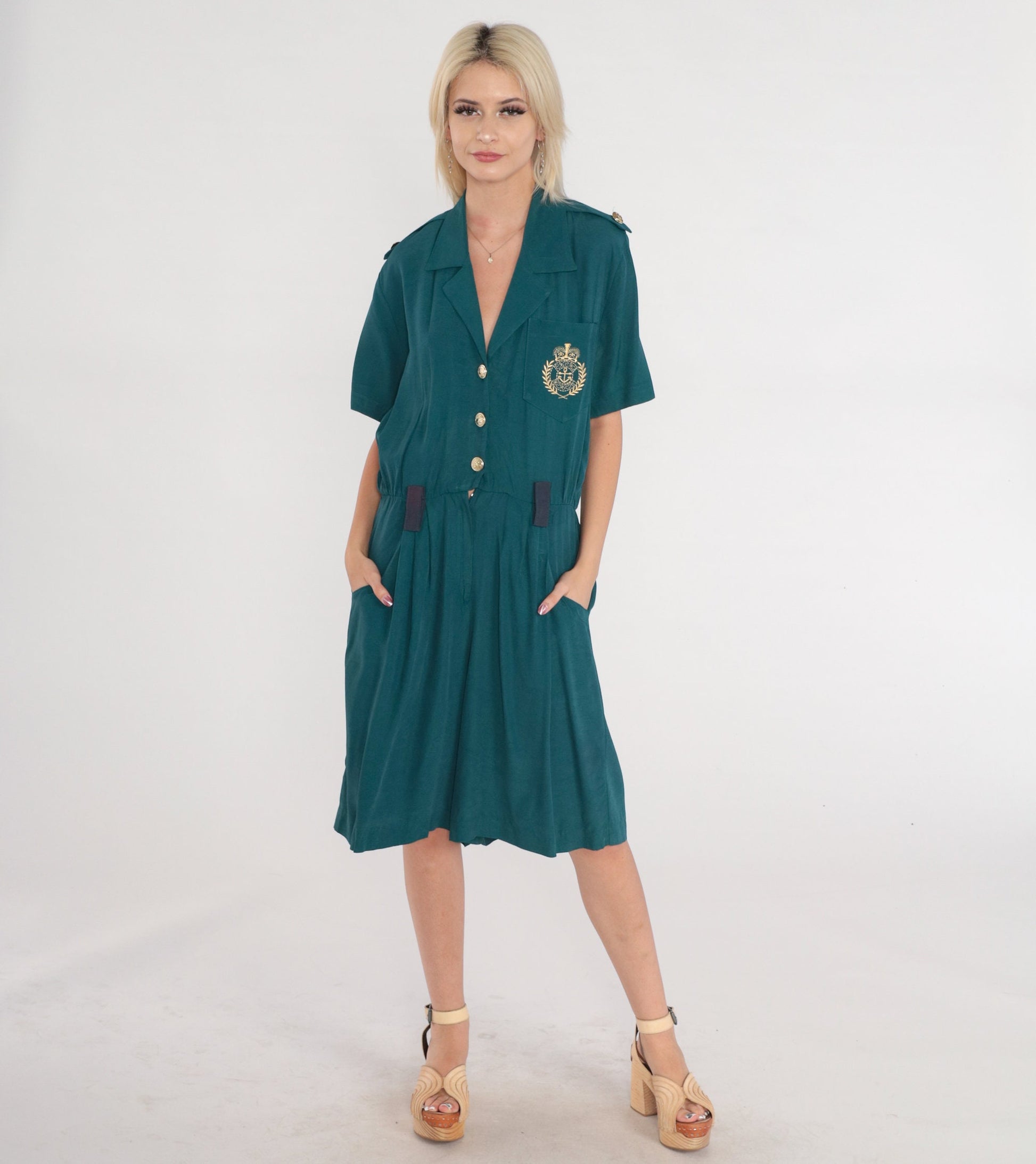 90s Nautical Teal Romper Wide Leg Button Up Epaulette Playsuit Large L