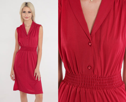 70s Raspberry Red Midi Shirtdress High Waist V Neck Smocked Small