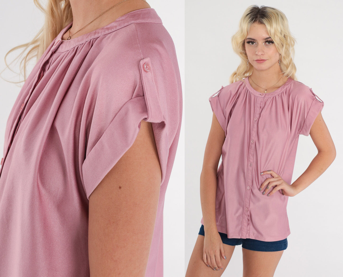 70s Lavender Button-Up Blouse Cap Sleeve Epaulette Shiny Top Small