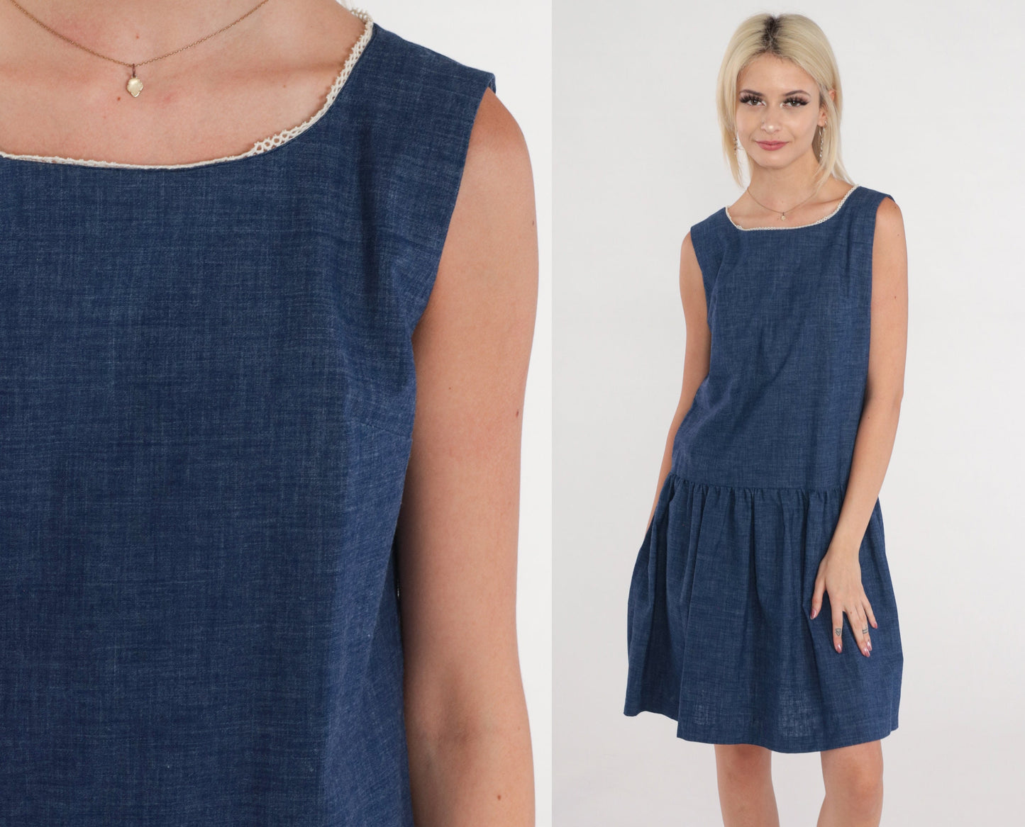 60s Mod Dark Blue Cotton Mini Shift Dress Drop Waist Sleeveless Extra Small