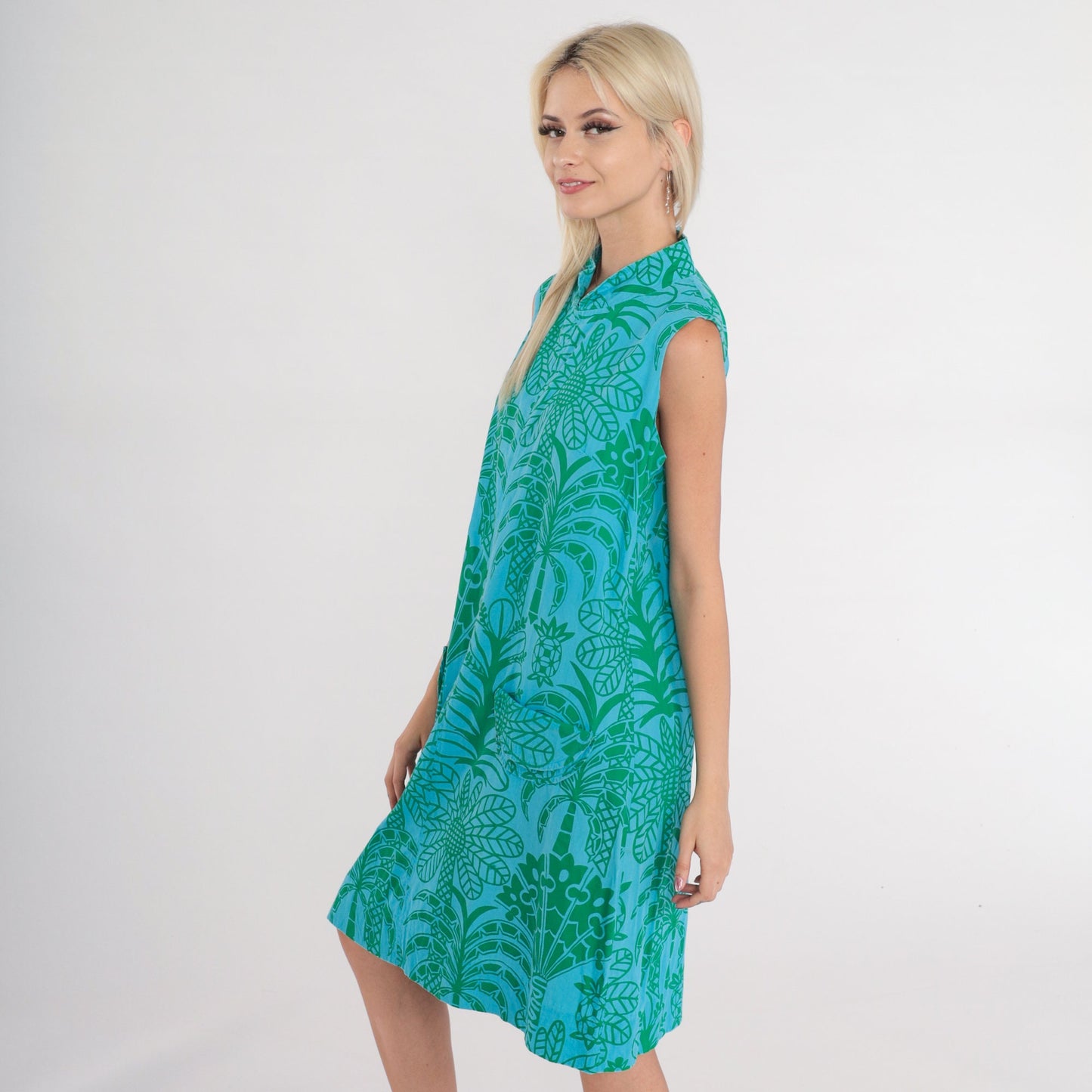 60s Ruth Clarage Tropical Palm Tree Shift Dress Blue Midi Medium