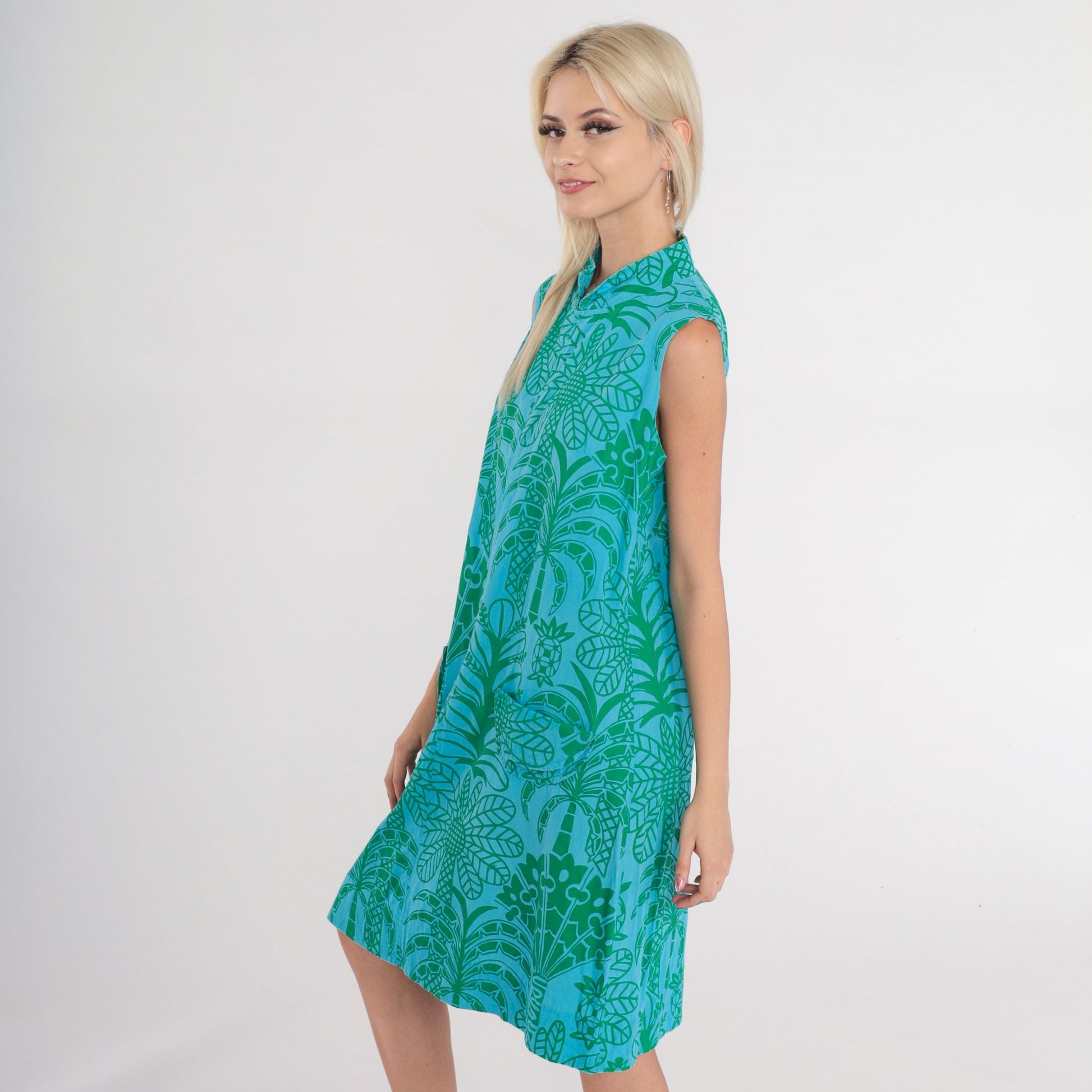 60s Ruth Clarage Tropical Palm Tree Shift Dress Blue Midi Medium