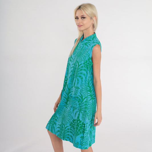 60s Ruth Clarage Tropical Palm Tree Shift Dress Blue Midi Medium