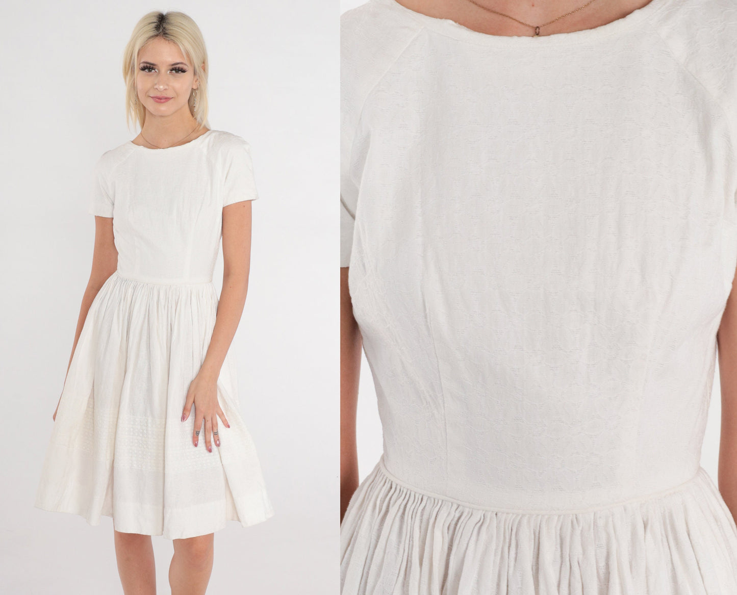 60s White Floral Lace Dress High Waist Full Skirt Knee Length XXS