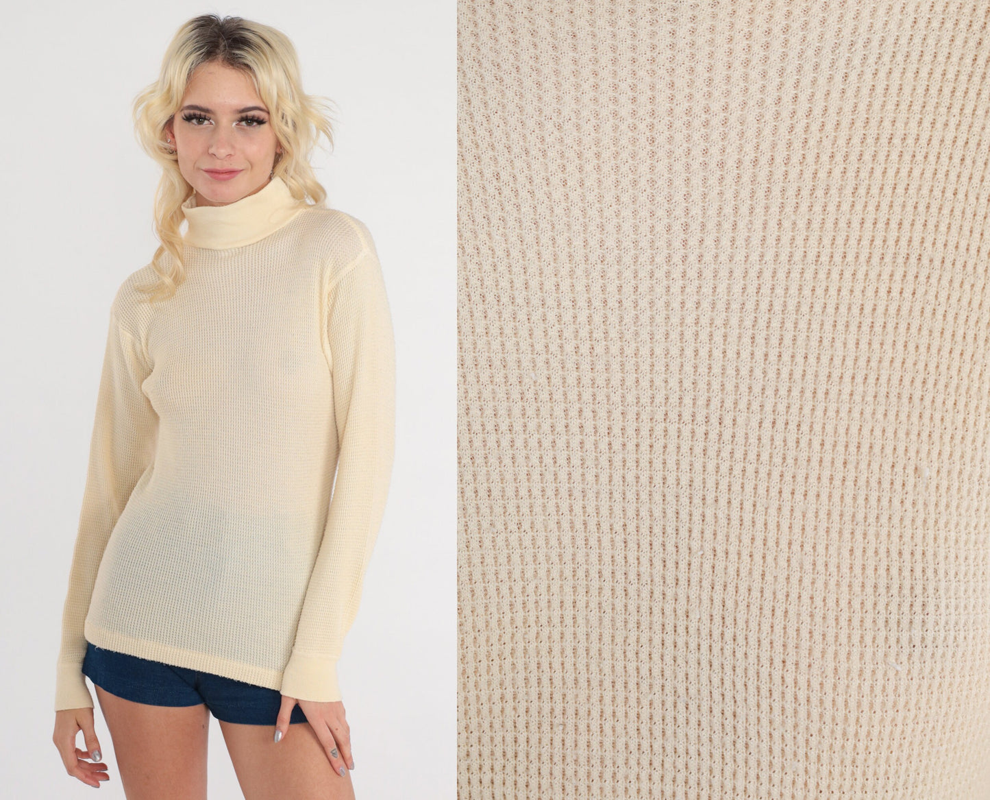80s Cream Waffle Knit Thermal Mock Neck Long Sleeve Shirt Small