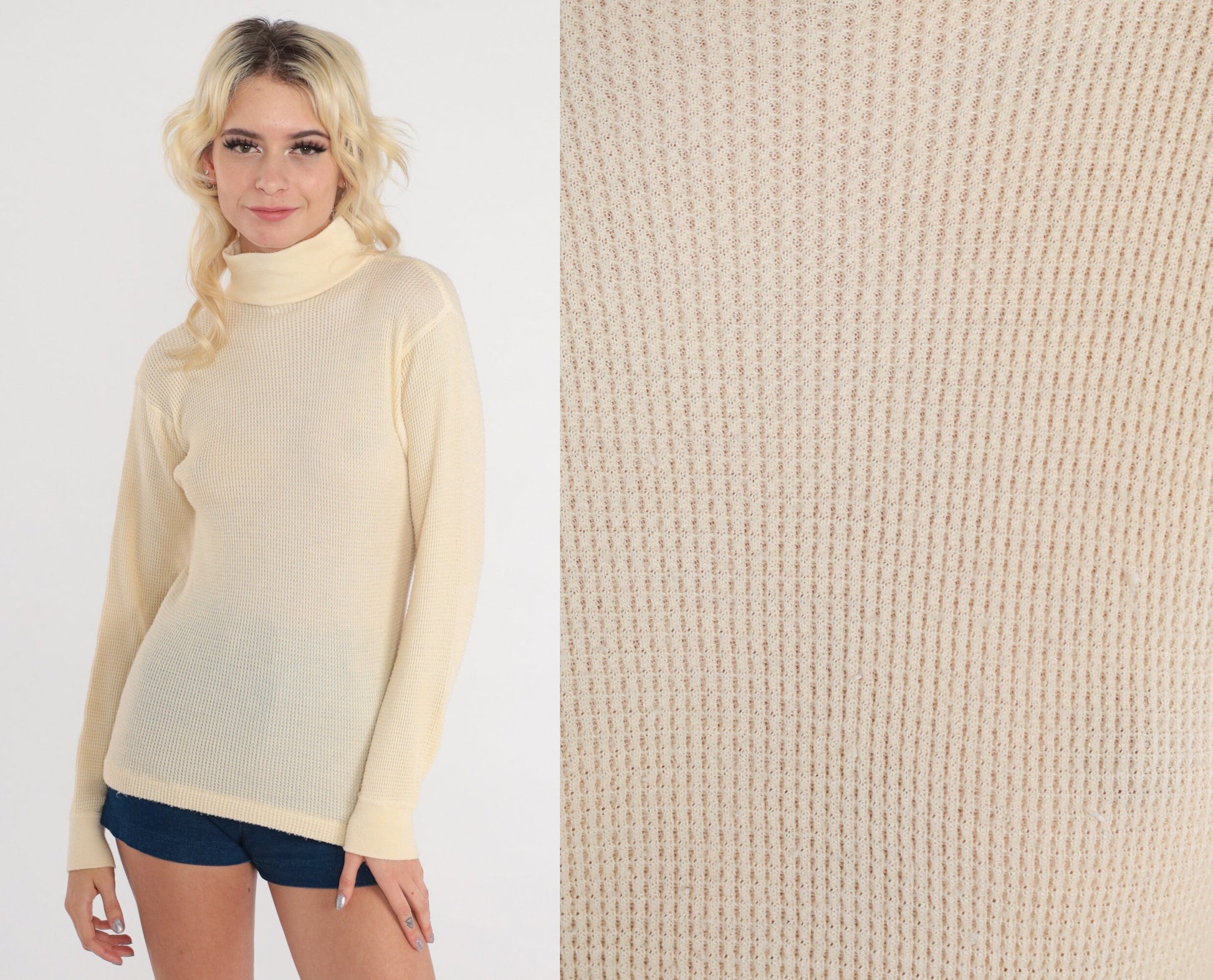 80s Cream Waffle Knit Thermal Mock Neck Long Sleeve Shirt Small