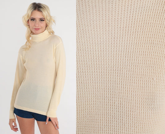 80s Cream Waffle Knit Thermal Mock Neck Long Sleeve Shirt Small