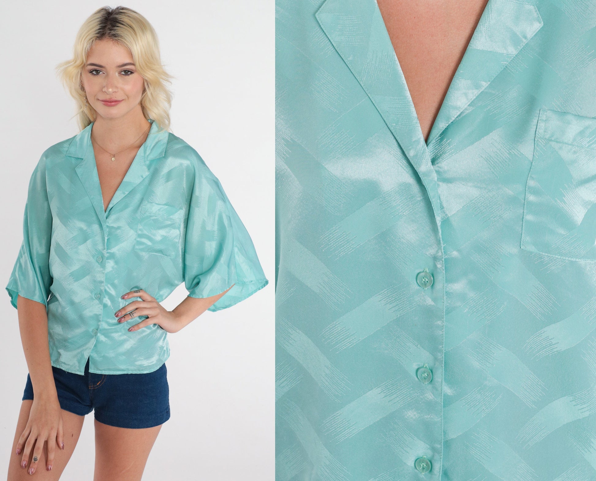 80s Seafoam Button-Up Blouse Shiny Embossed Collared Shirt Medium