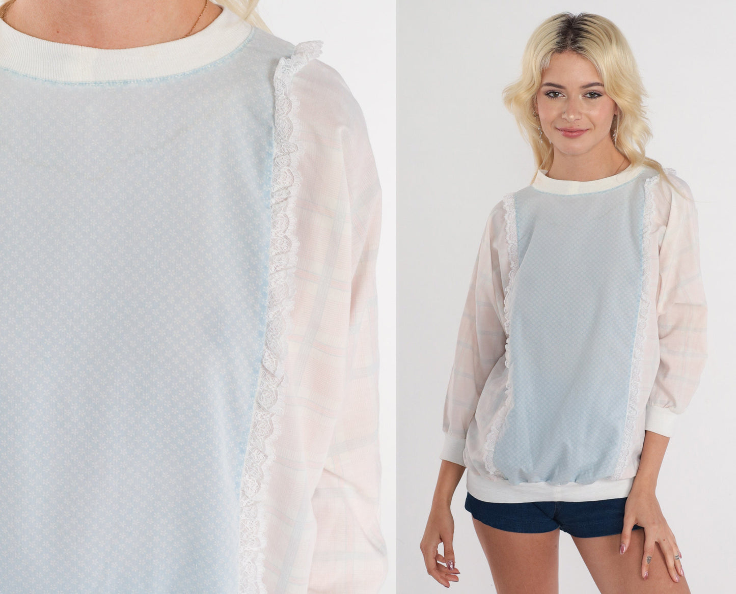 80s Plaid Floral Sweatshirt Lace Trim Ditsy Print Crewneck Blue Medium M