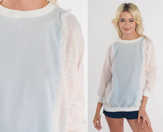 80s Plaid Floral Sweatshirt Lace Trim Ditsy Print Crewneck Blue Medium M