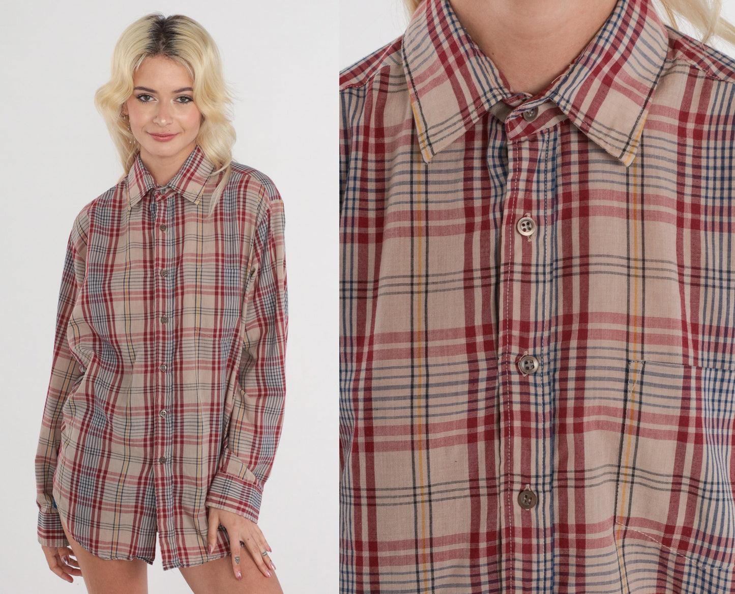 80s Tan Plaid Button-Up Shirt Long Sleeve Flannel Checkered Menswear Large