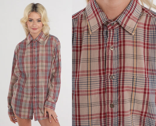 80s Tan Plaid Button-Up Shirt Long Sleeve Flannel Checkered Menswear Large