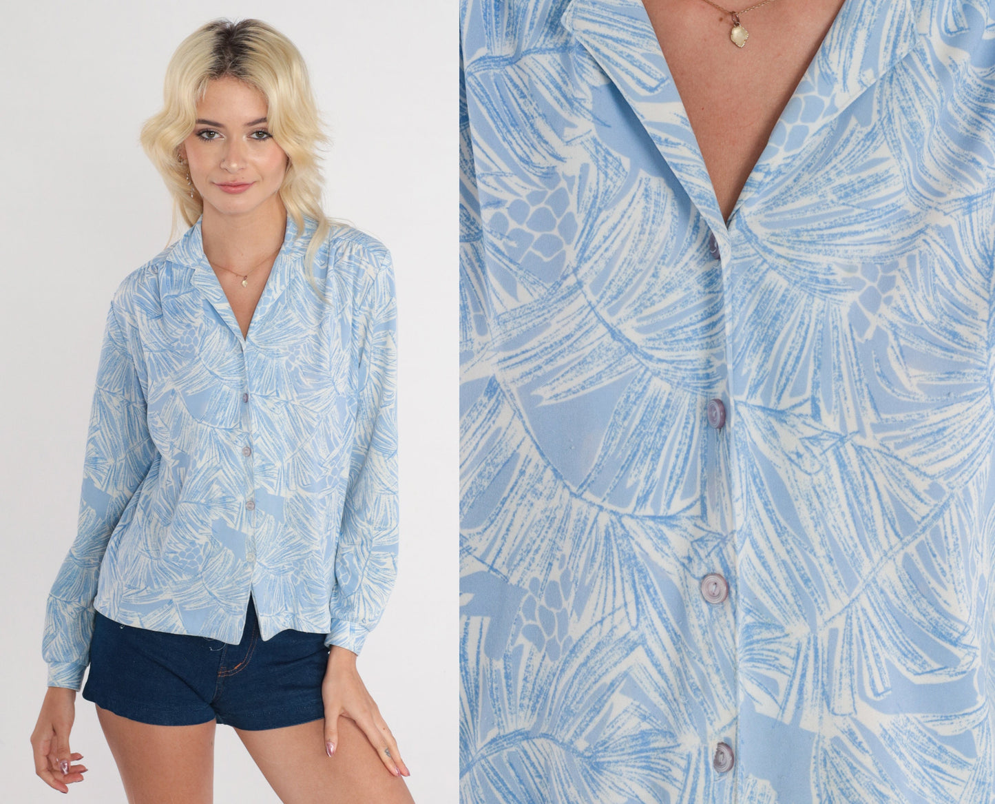 70s Pine Needle Pinecone Print Button-Up Blouse Blue White Long Sleeve Medium