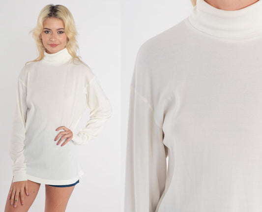 80s Ski Skins White Turtleneck Long Sleeve Semi-Sheer Top Large L