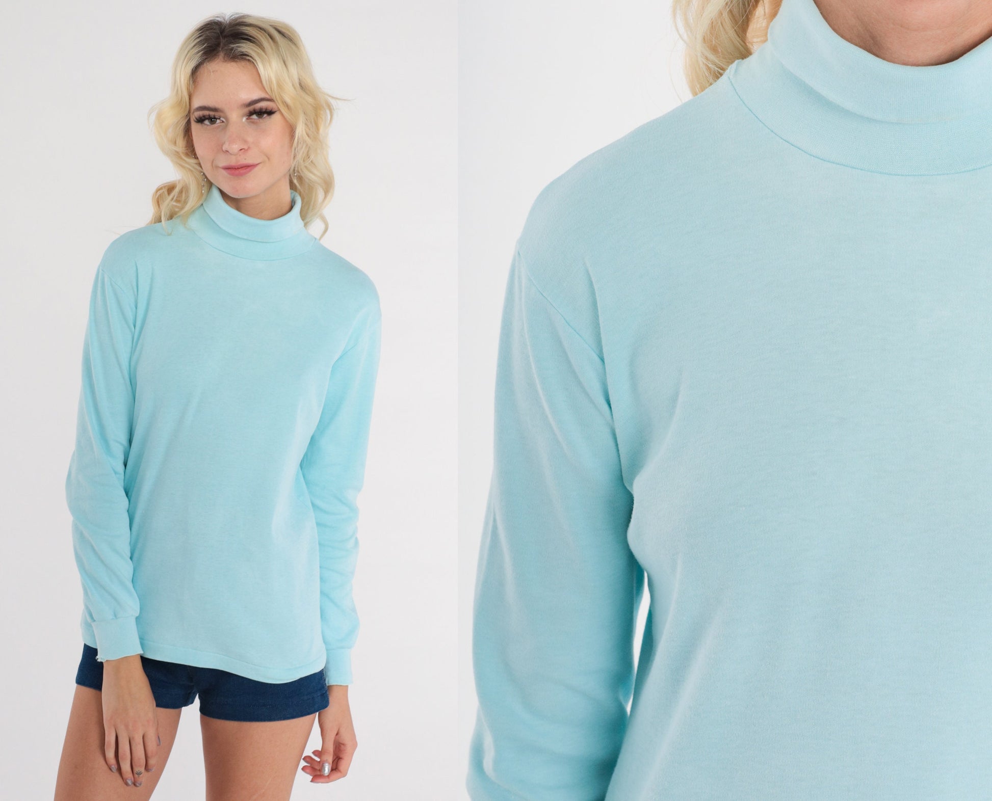 80s Skyr Baby Blue Turtleneck Long Sleeve Cotton Knit Small