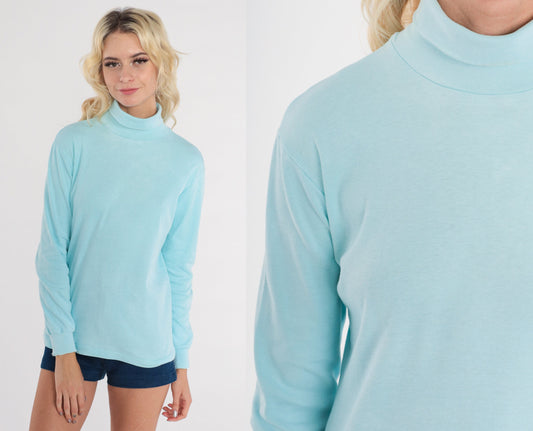 80s Skyr Baby Blue Turtleneck Long Sleeve Cotton Knit Small