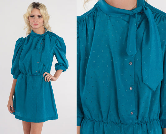 80s Blue Mini Shirtdress Puff Sleeve Ascot Tie Neck Button Up Medium