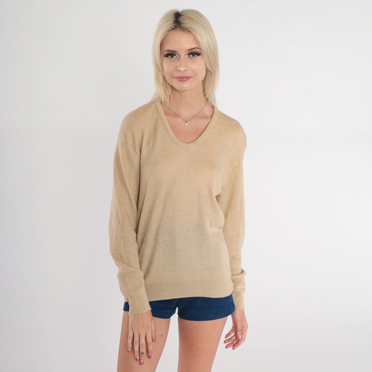 70s Tan V-Neck Knit Sweater Slouchy Pullover Small S