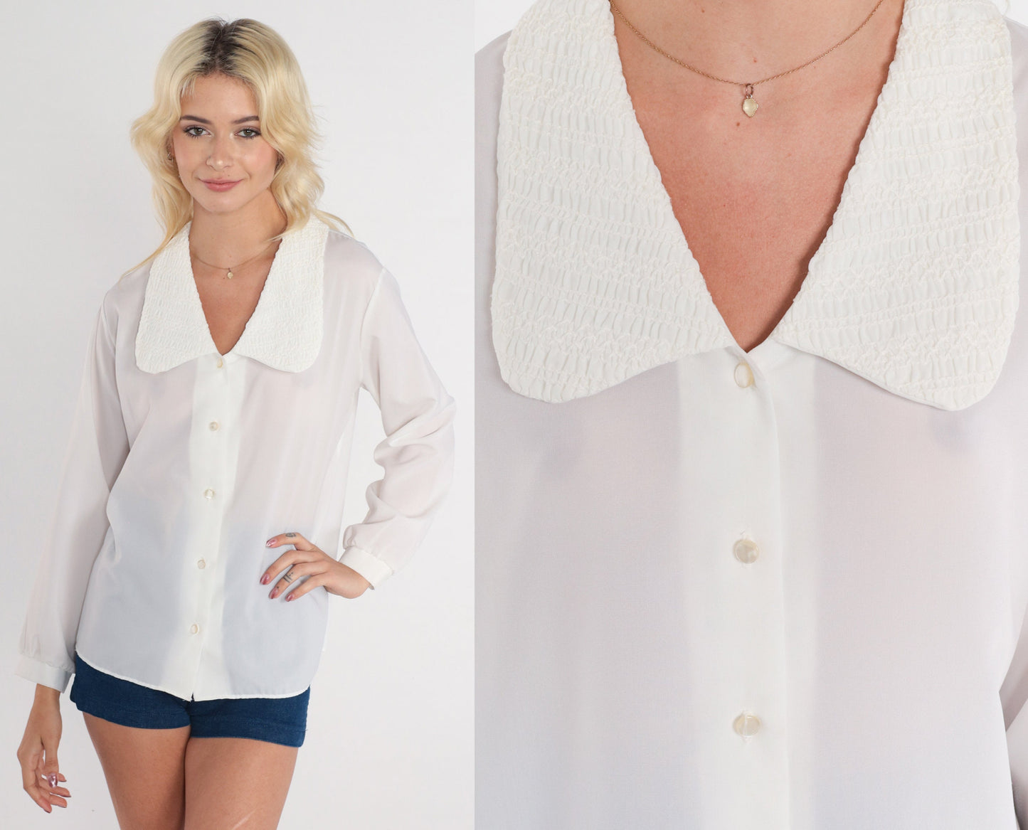 80s Semi-Sheer White Button-Up Blouse Textured Collar Long Sleeve Medium