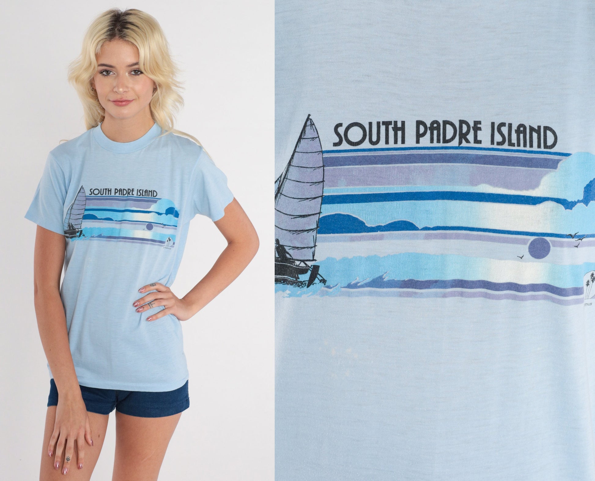 80s South Padre Island Sailboat Graphic T-Shirt Blue Single Stitch Medium