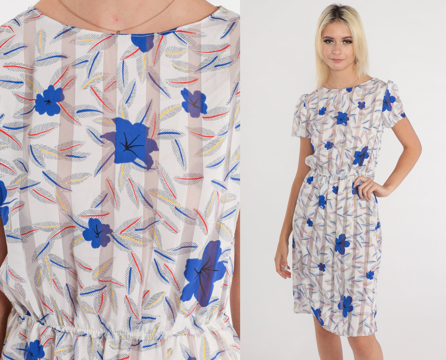 80s Striped Floral Hibiscus Leaf Print Dress High Waist Short Sleeve Knee Length XS