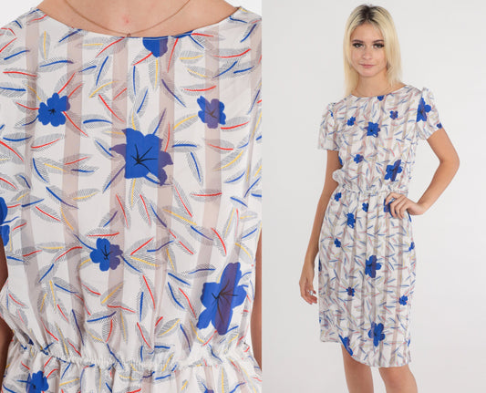 80s Striped Floral Hibiscus Leaf Print Dress High Waist Short Sleeve Knee Length XS
