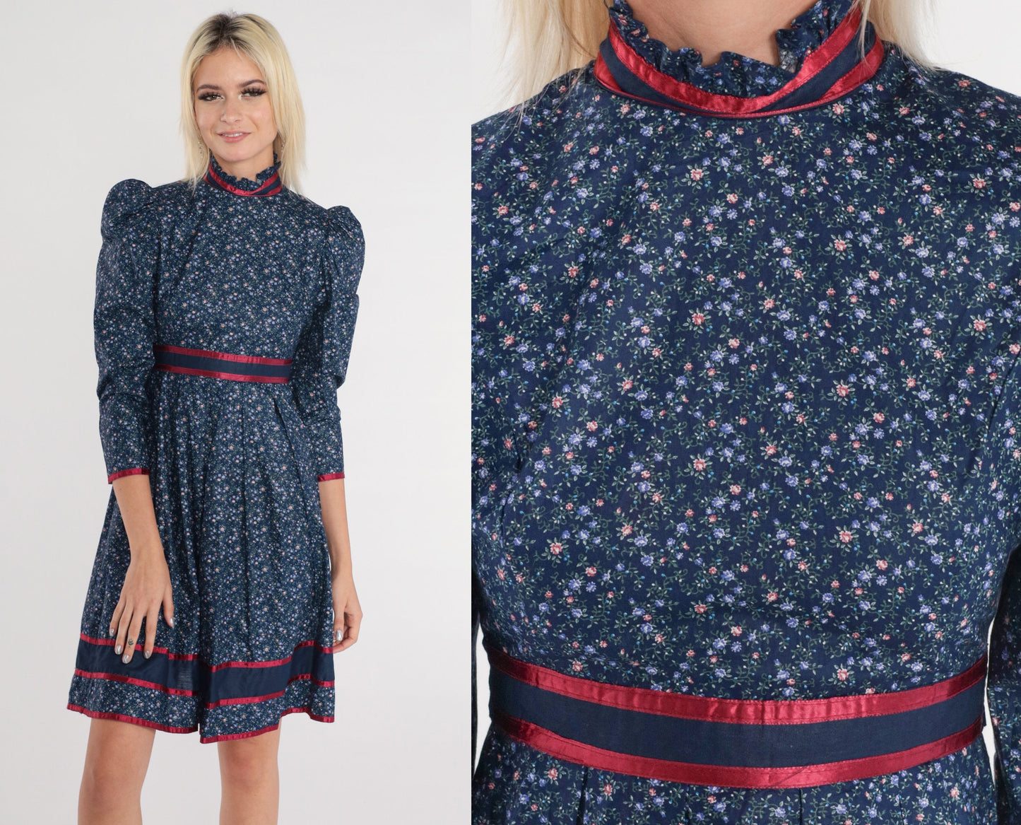 70s Blue Calico Floral Mini Dress Puff Sleeve High Neck Ruffled Babydoll XXS