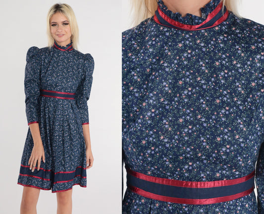 70s Blue Calico Floral Mini Dress Puff Sleeve High Neck Ruffled Babydoll XXS