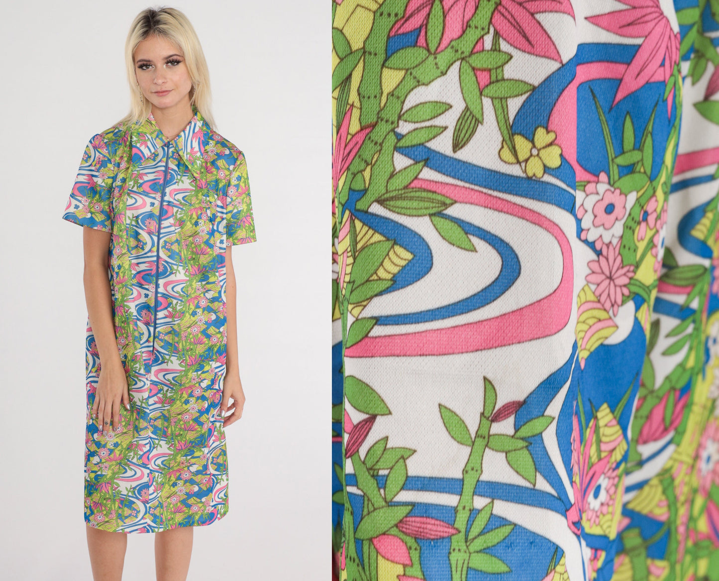 70s Psychedelic Floral Midi Shift Dress Zip Front Collar Short Sleeve Large L