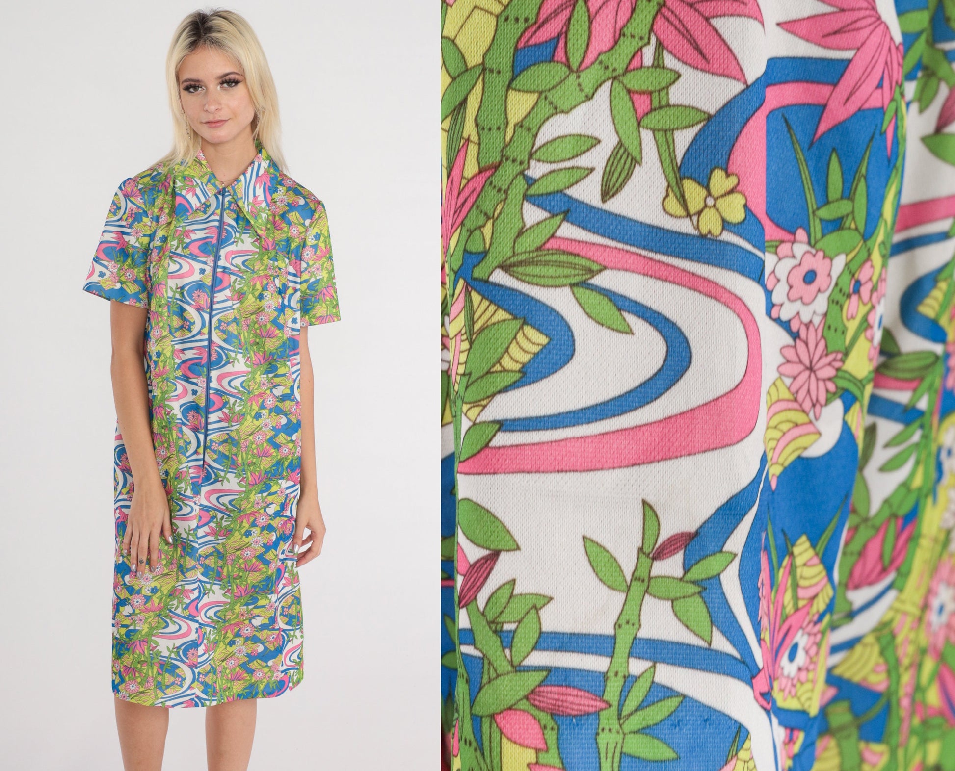 70s Psychedelic Floral Midi Shift Dress Zip Front Collar Short Sleeve Large L