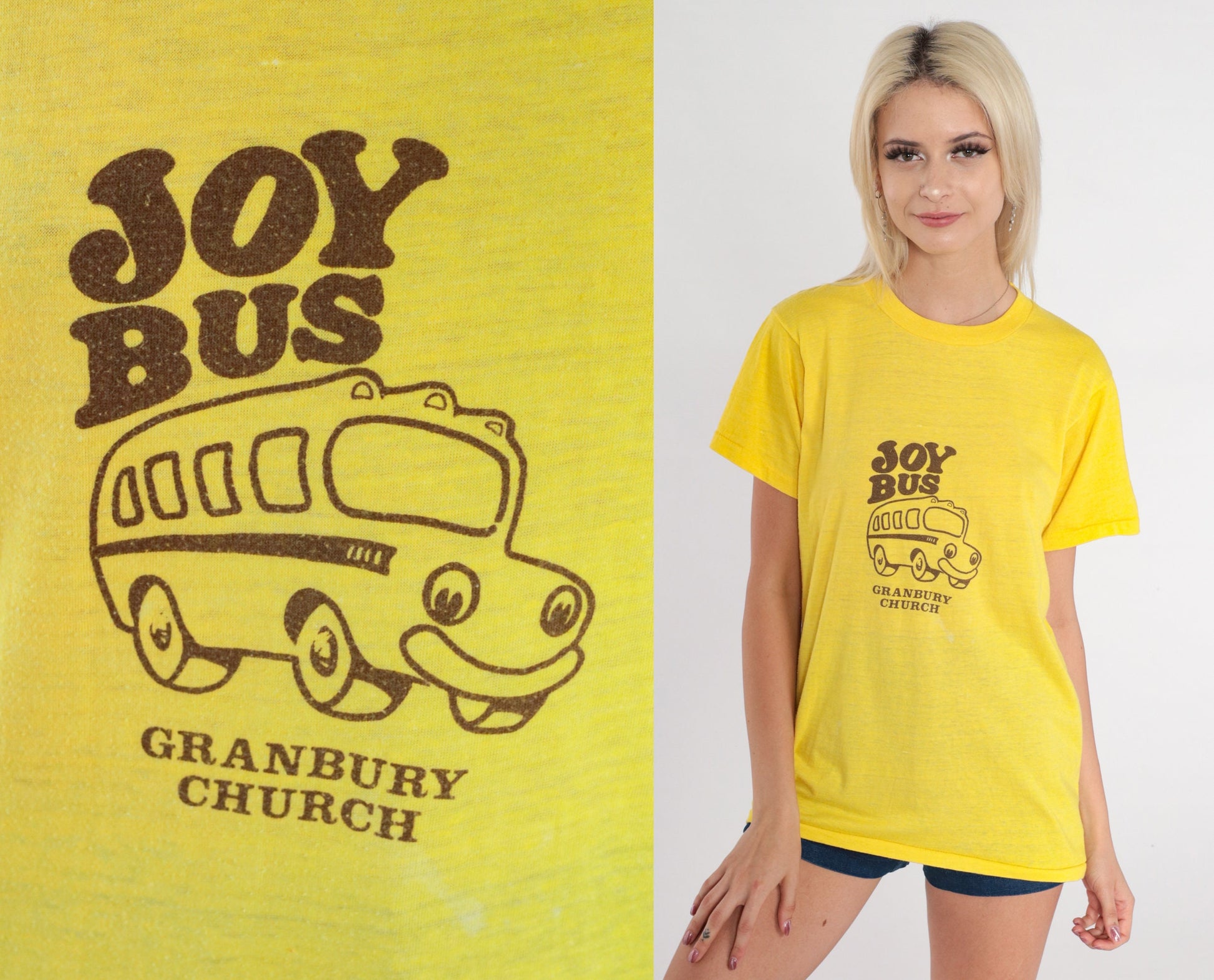 80s Granbury Church Joy Bus Graphic T-Shirt Yellow Christian Baptist Medium